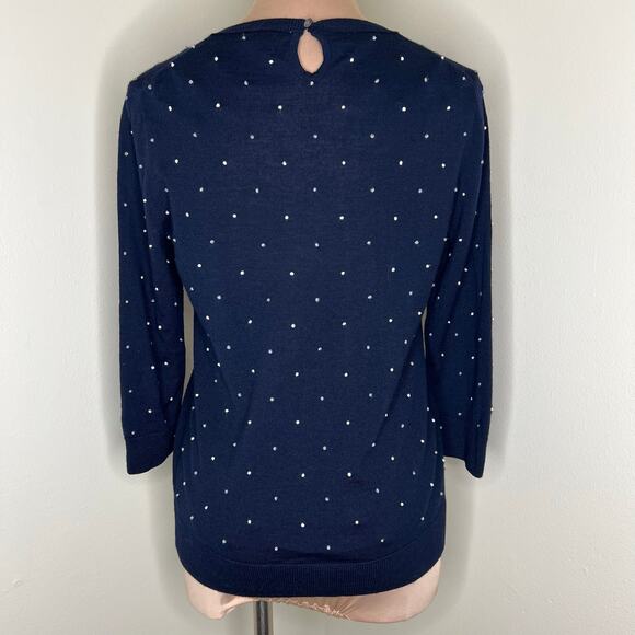 J.Crew Wool Sweater Medium Womens Navy Blue Embroidered Polka Dot Knit Keyhole - Picture 3 of 9